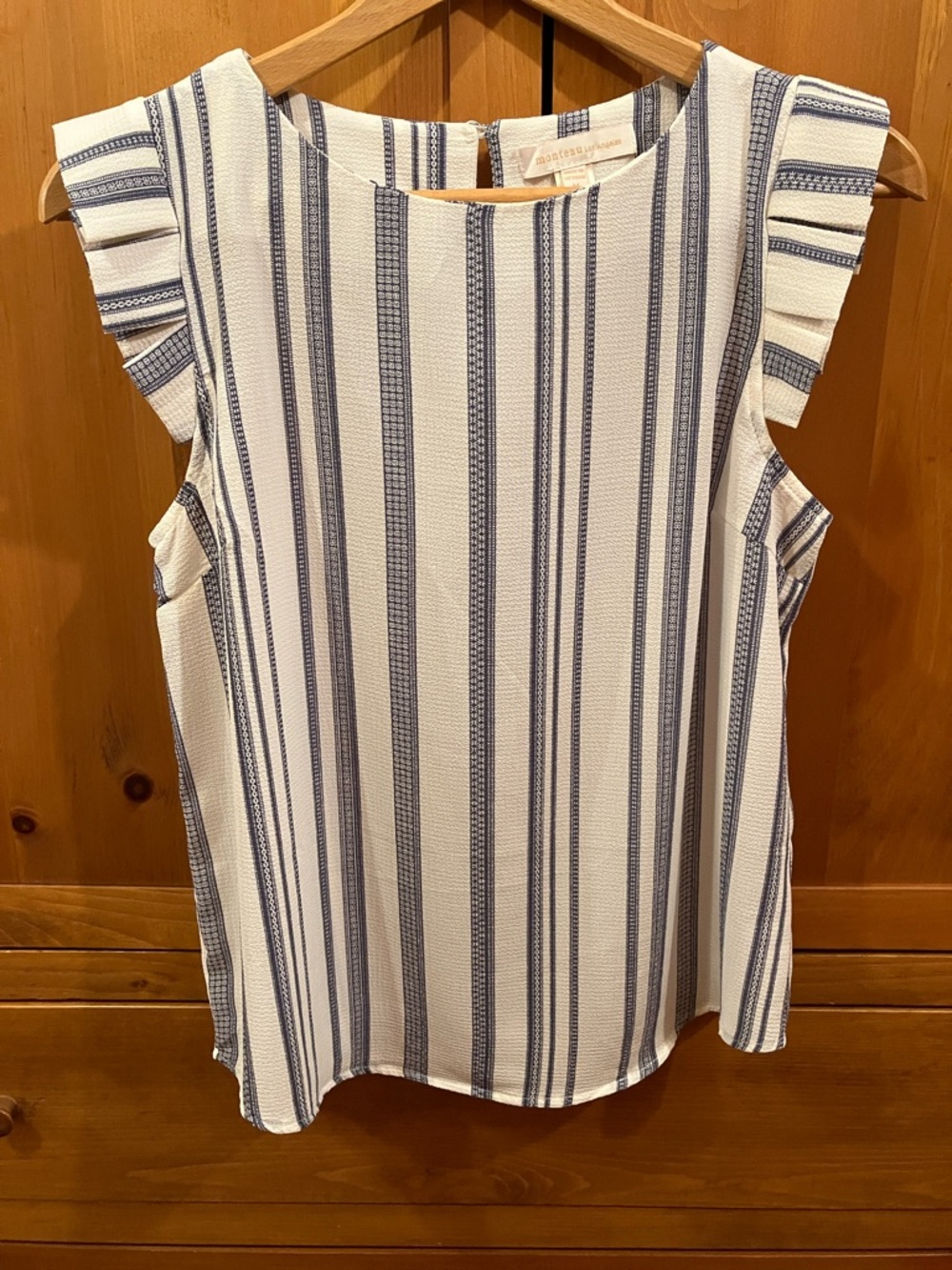 Sleeveless Blue/White Stripe Ruffle Cap-Sleeve Blouse